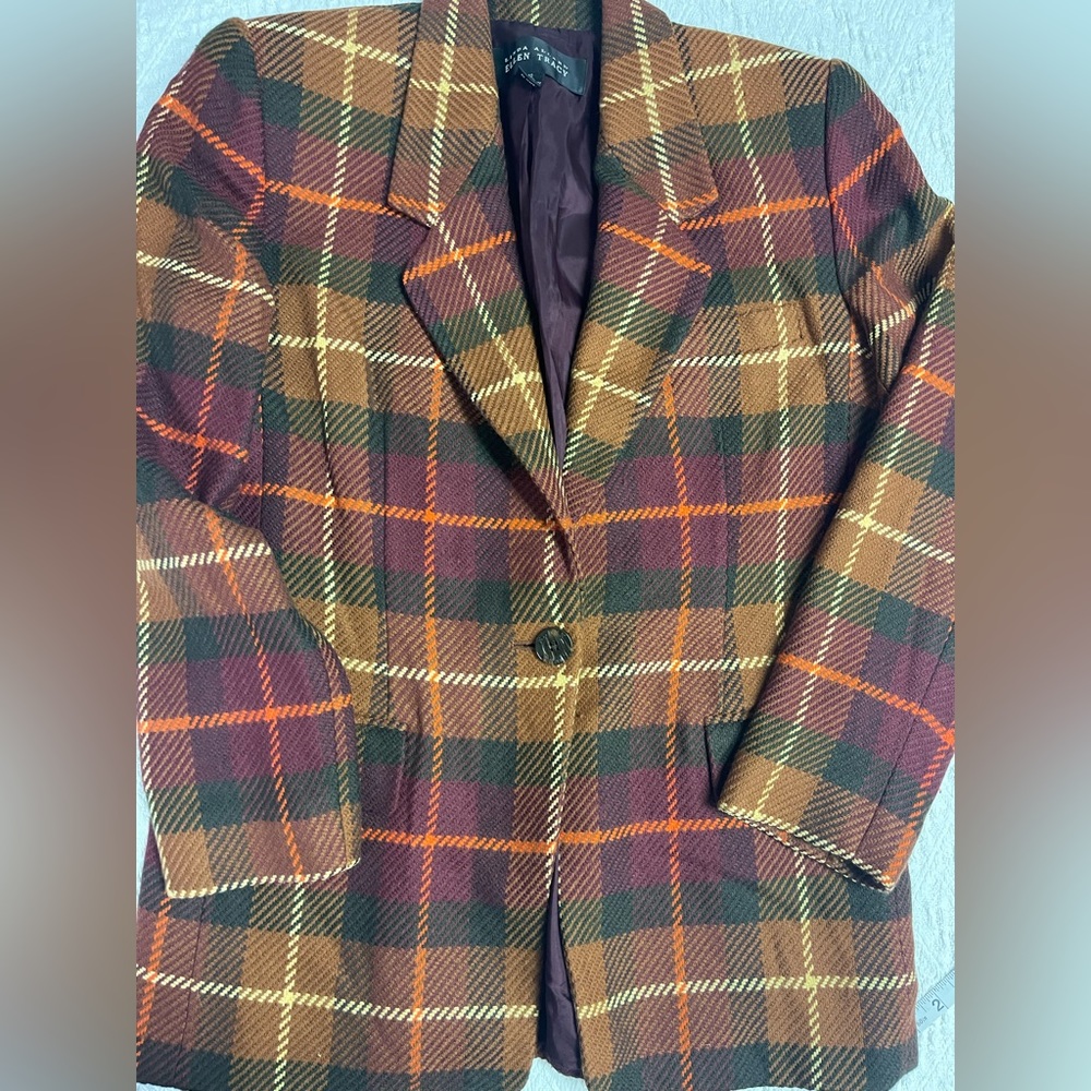 Linda Allard Ellen Tracy wool cashmere plaid blazer Sz 10